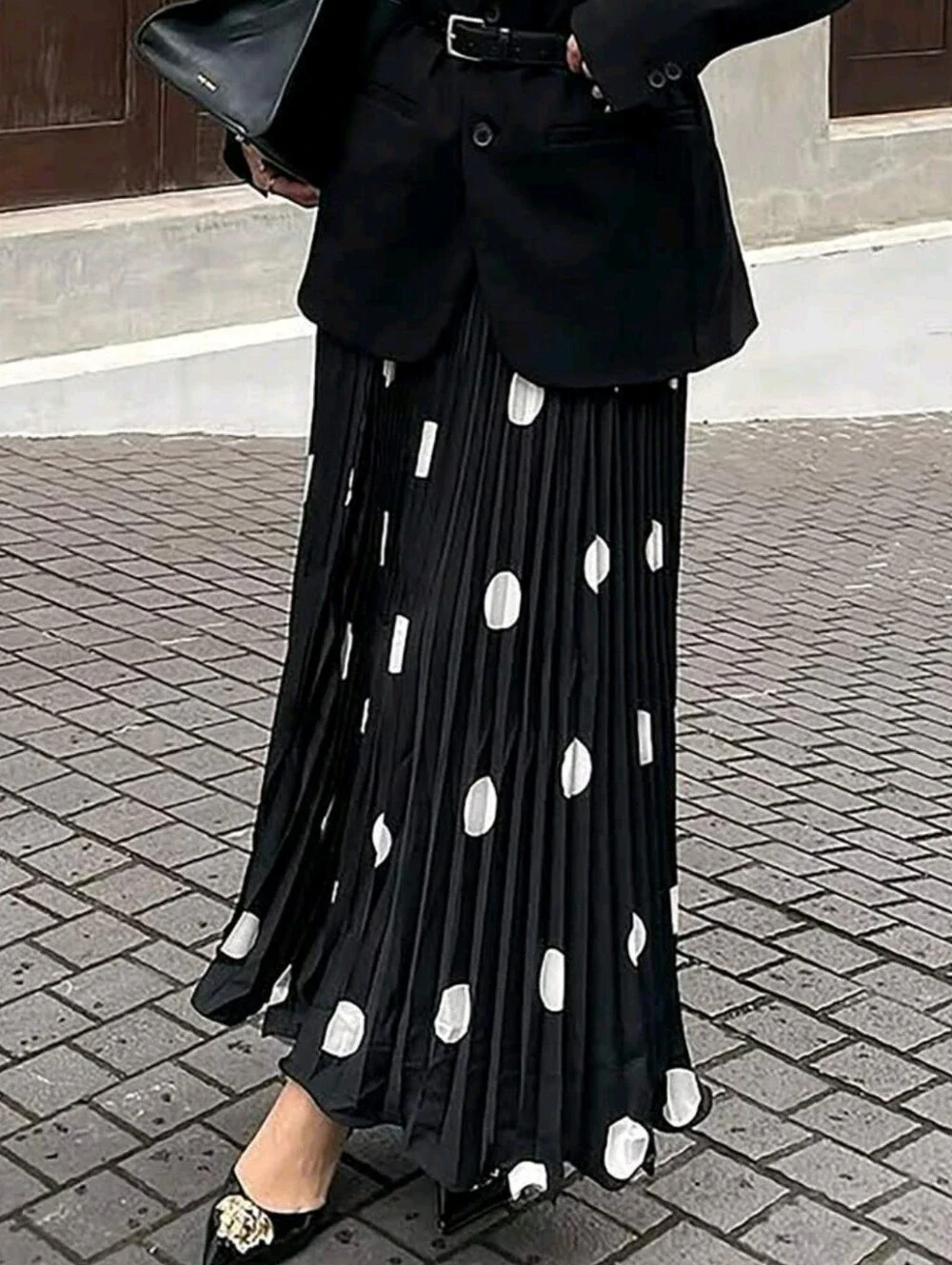 Women's Polka Dot Pleated Long Skirt, High Waist A-Line Full Skirt, Black And Wh